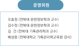 운영위원 오효정 (전북대 문헌정보학과 교수) 김수정 (전북대 문헌정보학과 교수) 김 건 (전북대 기록관리학과 교수) 배성중 (전북대학교 기록관리학교육원 강사)